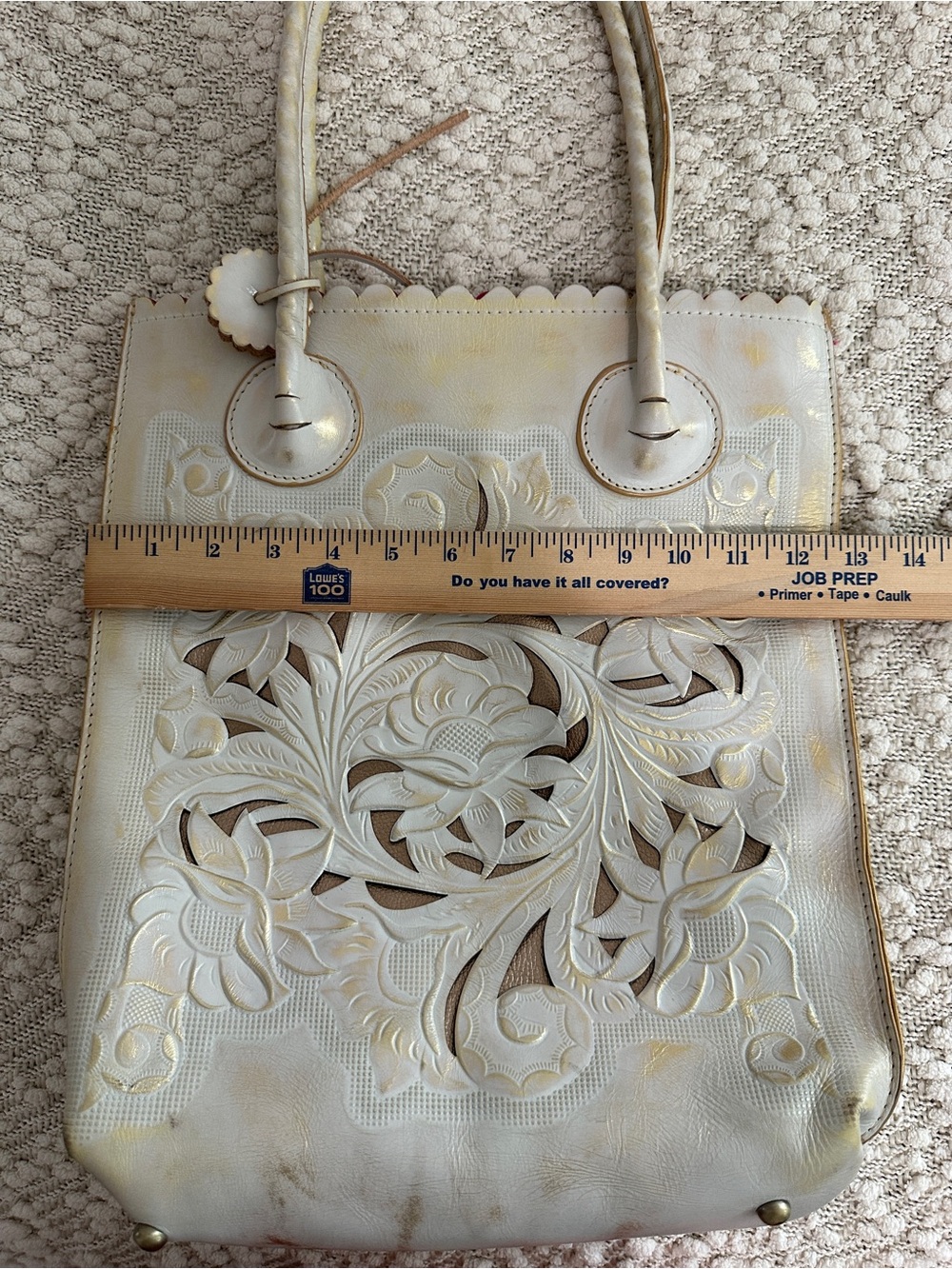Patricia Nash White Gold Cutout Tooled Leather Scalloped Tote Purse & Wallet Set - Picture 13 of 14